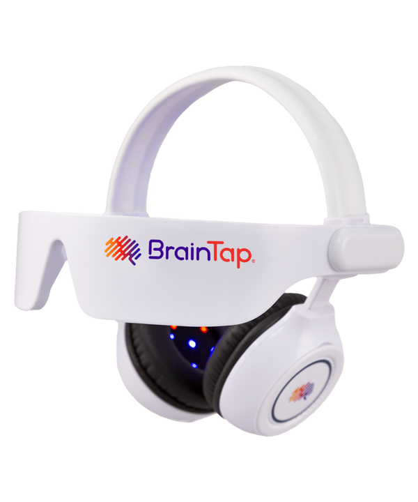 BrainTap headset for stress-relief in white with LED indicators