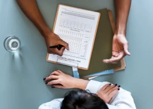 Patient undergoing stress response evaluation with monitoring equipment